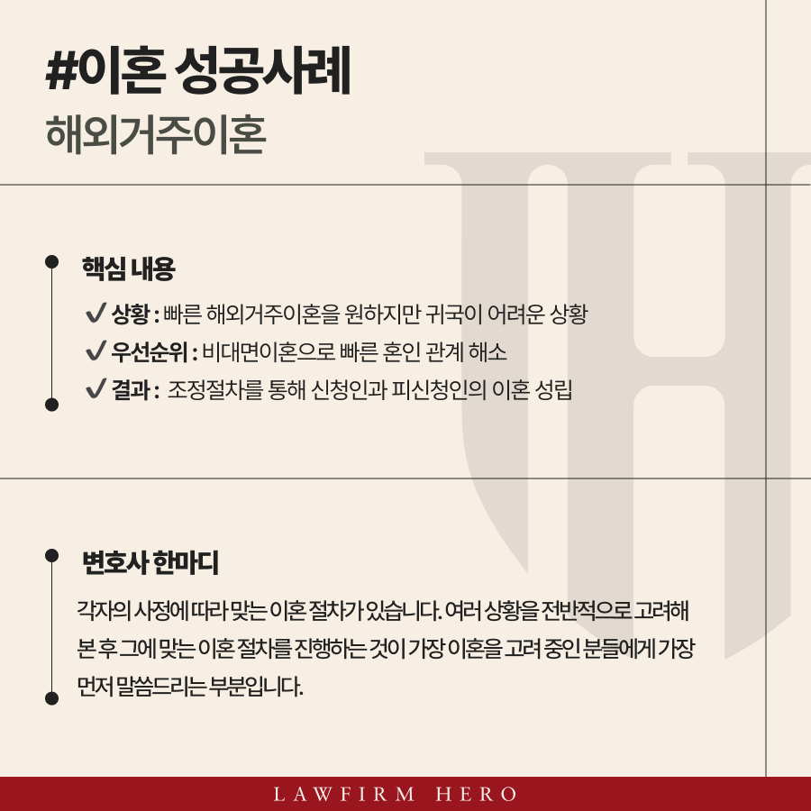 해외에 거주중인 한국 국적의 부부 이혼 사례. 조정절차를 통해 신속한 이혼이 가능했던 실제 사례입니다.