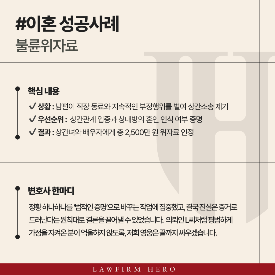 반복적 사내불륜 정황을 근거로 남편과 상간녀의 책임을 명확히 입증하여 불륜위자료를 받아낸 사례