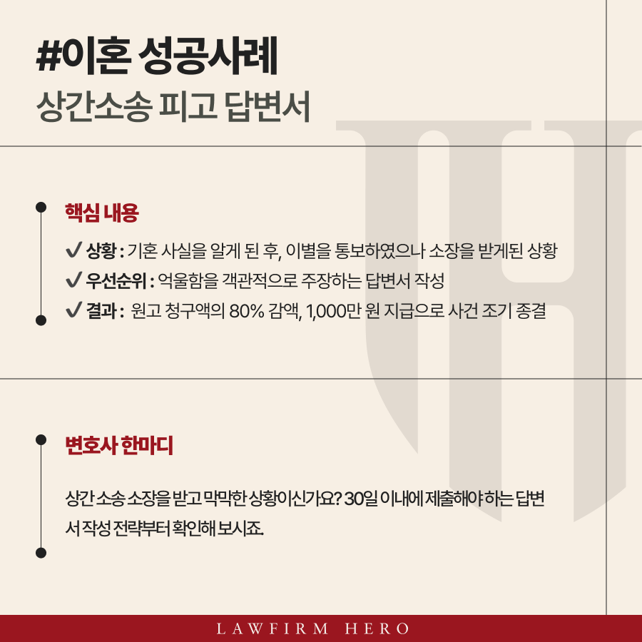 상간소송 피고 답변서로 80% 감액 성공