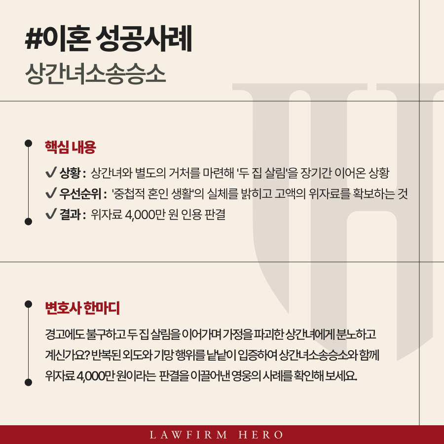 상간녀소송승소 두 집 살림과 반복된 외도로 위자료 4,000만 원 지급 판결